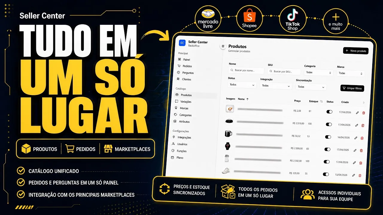Vídeo mostrando o Seller Center centralizando produtos, pedidos e marketplaces